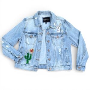 Western Boho Distressed Denim Jacket 80s 90s vibe Retro 0X